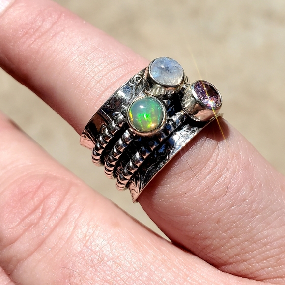 New Ethiopian Opal Multi Gemstone 925 Silver Spinner Meditation Ring. - Picture 11 of 13